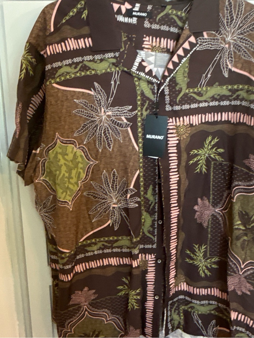 Murano Mens 3XB Brown Tropical Hawaiian Patchwork Lyocell Linen Button Shirt NWT
